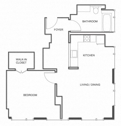 Floor plan for 1 bed, 1 bath, 634 sqft